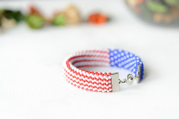 Bead crochet bracelet in colors of american flag close up