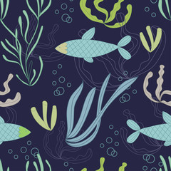 Fototapeta na wymiar Seamless pattern with hand drawn fishes and water plants