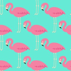Naklejka premium Flamingo seamless pattern on mint green background.