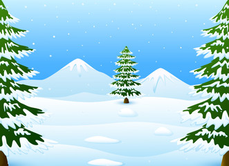 Winter mountains landscape with fir trees and falling snow