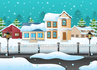 Winter landscape with house and snowy on the street