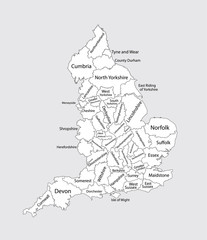 Editable blank vector map of England. Vector map of England isolated on background. High detailed. Autonomous communities of England. Administrative divisions of England, separated provinces.