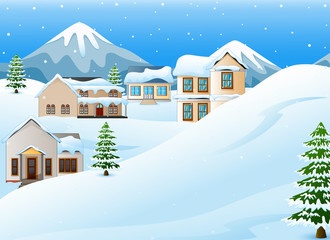 Winter landscape with mountains and snow covered house