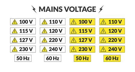 Set of worldwide mains voltage stickers. 50 and 60 hertz - obrazy, fototapety, plakaty