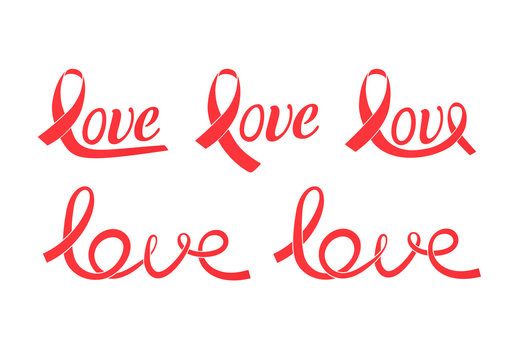 Collection of love - shaped ribbons. Stylized text with awareness ribbons