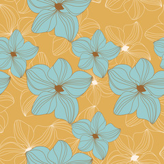 Retro seamless pattern with blue orchid flowers on yellow background