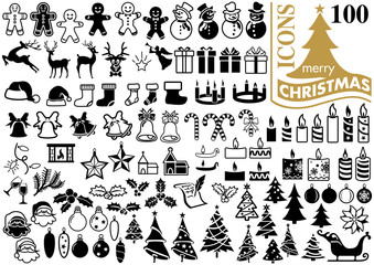 Set of Modern Flat Christmas Icons for Design Projects - Black and White Illustrations, Vector - 179955335