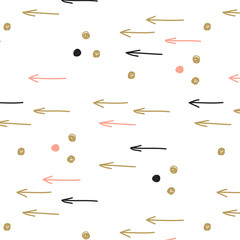 Vintage hand drawn doodle seamless pattern with black, blue and gold spots and arrows.