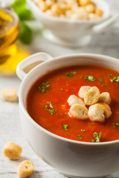 Traditional tomato soup, served with croutons.