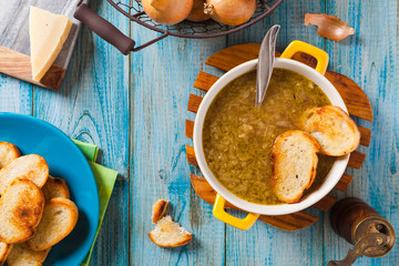 Classic onion soup with croutons.