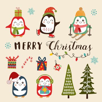 Vector set of Christmas decoration with cute cartoon penguins. Vector illustration.