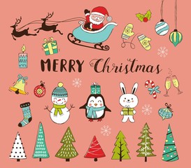 Set of hand drawn cartoon Christmas characters and Christmas design elements. Vector illustration.
