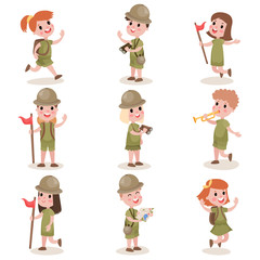 Collection of children scouts camping outfit, summer camp activities