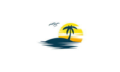 Summer Holidays Sunrise with Palms and wave Logo Design	