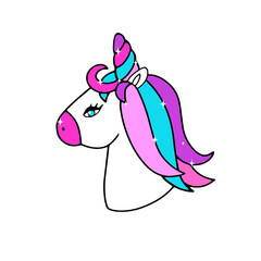 Funny pink cartoon unicorn face.
