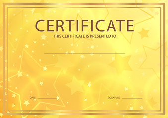 Certificate, Diploma of completion template (abstract design template, gold background) with stars and golden frame 