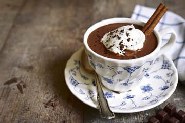 Hot chocolate with whipped cream in a vintage cup .