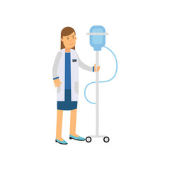 Flat cartoon character of woman doctor or nurse standing with drop counter