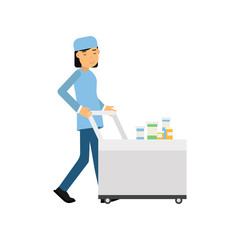 Cartoon medical worker pushing serving trolley with medicines