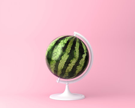 Naklejki Globe sphere orb watermelon concept on pastel pink background. minimal idea food and fruit concept. An idea creative to produce work within an advertising marketing communications or artwork design.