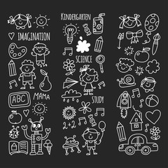 School, kindergarten. Happy children. Creativity, imagination doodle icons with kids. Play, study, grow Happy students Science and research Adventure Explore