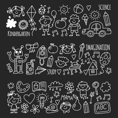 School, kindergarten. Happy children. Creativity, imagination doodle icons with kids. Play, study, grow Happy students Science and research Adventure Explore