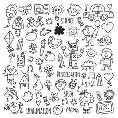 Obraz premium School, kindergarten. Happy children. Creativity, imagination doodle icons with kids. Play, study, grow Happy students Science and research Adventure Explore