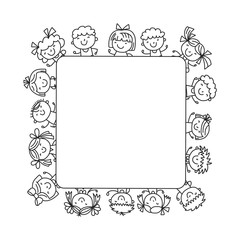 Frame with kids School, kindergarten. Happy children. Creativity, imagination doodle icons with kids. Play, study, grow Happy students Science and research Adventure Explore