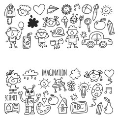 Fototapeta na wymiar School, kindergarten. Happy children. Creativity, imagination doodle icons with kids. Play, study, grow Happy students Science and research Adventure Explore
