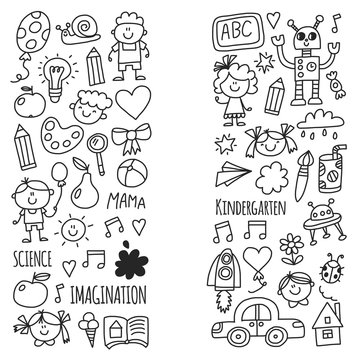 School, kindergarten. Happy children. Creativity, imagination doodle icons with kids. Play, study, grow Happy students Science and research Adventure Explore