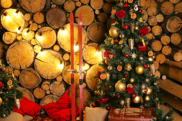 christmas cute room interior design xmas tree with skiing