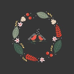 Cute vector art. Christmas wreath and a pair of bullfinches.
