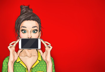 Girl with phone in the hand in comic style. Woman with smartphone. Digital advertisement. Woman with phone. Girl with phone. Girl showing the mobile phone. wow, omg, sale, news, cool, pin up, pop, art - 179961913