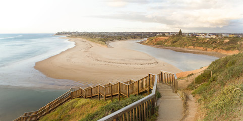Wide Angle View of Southport Beach Steps Approaching Sunset