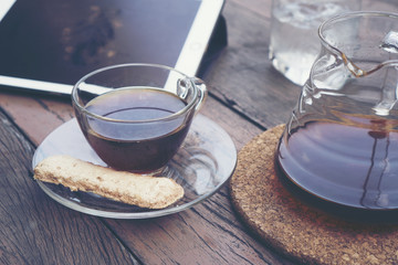 morning coffee drip with tablet for business work