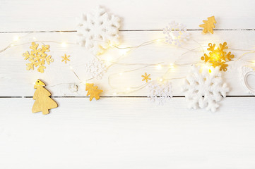 Christmas wood background with christmas decoration, top view