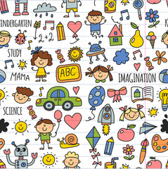 Seamless pattern School, kindergarten. Happy children. Creativity, imagination doodle icons with kids. Play, study, grow Happy students Science and research Adventure Explore