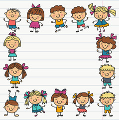 Frame with kids School, kindergarten. Happy children. Creativity, imagination doodle icons with kids. Play, study, grow Happy students Science and research Adventure Explore