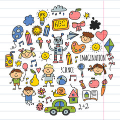 School, kindergarten. Happy children. Creativity, imagination doodle icons with kids. Play, study, grow Happy students Science and research Adventure Explore