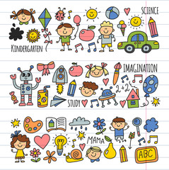 School, kindergarten. Happy children. Creativity, imagination doodle icons with kids. Play, study, grow Happy students Science and research Adventure Explore