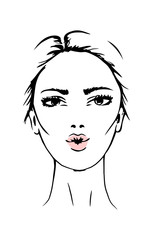 Face woman sketch,air kiss. Fashion portrait, vector illustration. Black lines isolated on white background.