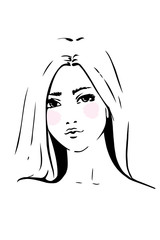 Face woman sketch, long hair. Fashion portrait, vector illustration. Black lines isolated on white background.