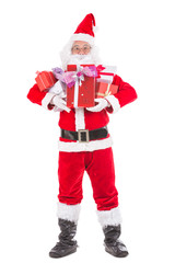 Happy merry Christmas Santa Claus pointing holding Gift Box with Isolated on white background.