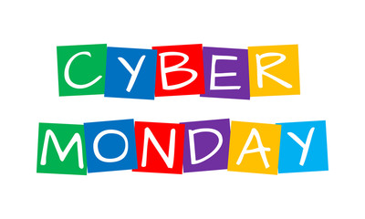 cyber monday, cut out vector letters in rainbow squares