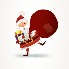 Santa Claus with sack full of gift and present boxes. Happy Christmas father cartoon vector character. Cute X-mas character for Holiday design. New year Greeting Card for invitation, congratulation