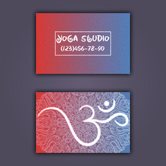 Business card for yoga studio or yoga instructor. Ethnic background with mandala ornament and ohm