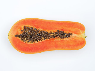 Top View of Papaya Cut in Half with Seeds on White Background