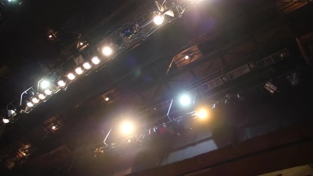 Lighting equipment. Close up Spot Light for film , Tv show , cinema , concert in studio and outdoor. Stage lighting effect in the dark