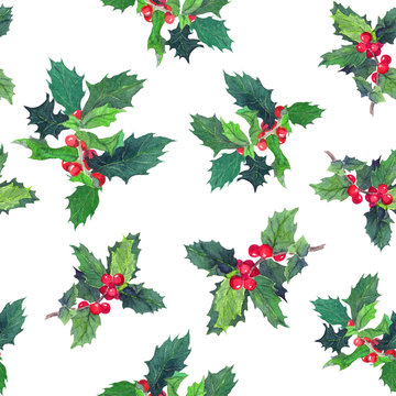 Holly branches. Watercolor repeated pattern