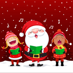 Happy kids with Santa Claus singing Christmas Carols